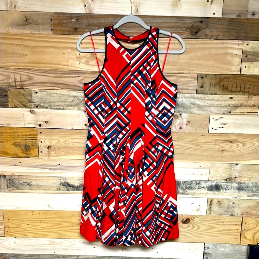 Jessica Simpson size 6 Red, Blue, White, and Black A-line Halter Midi Sundress
